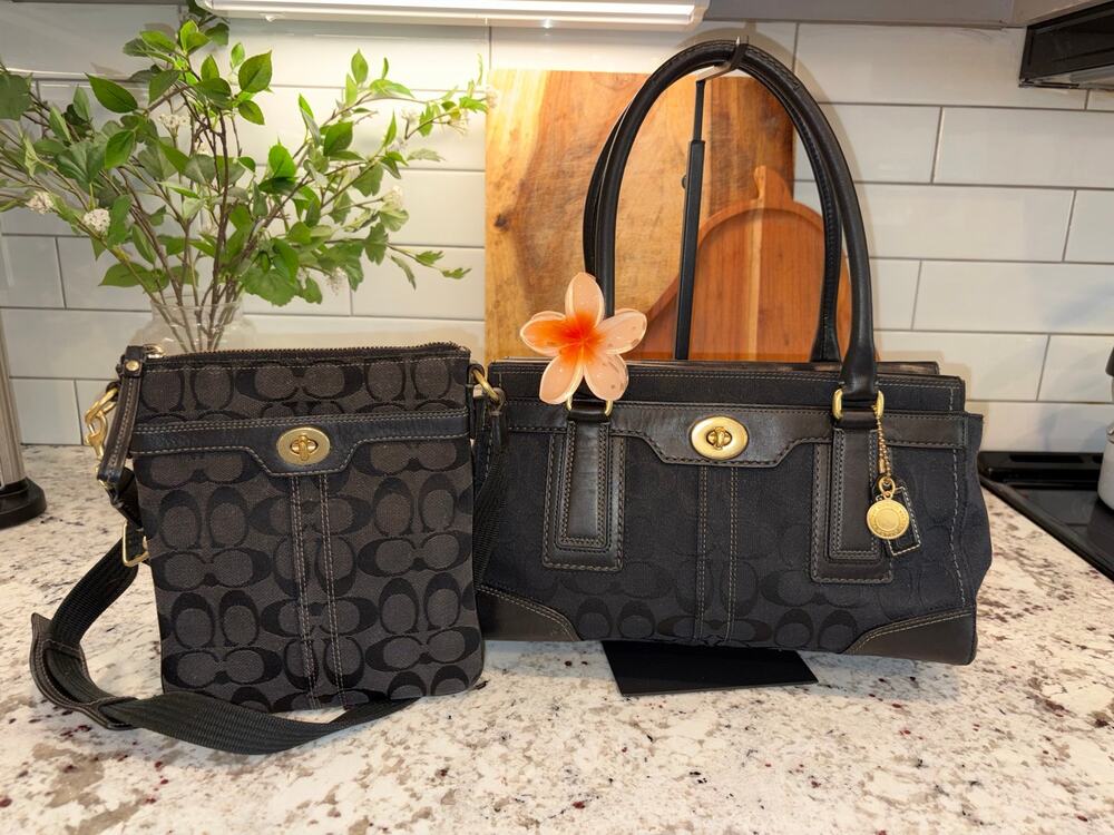 Coach Set of 2 Hampton Tote and Hampton Crossbody Purse Black Signature Logo